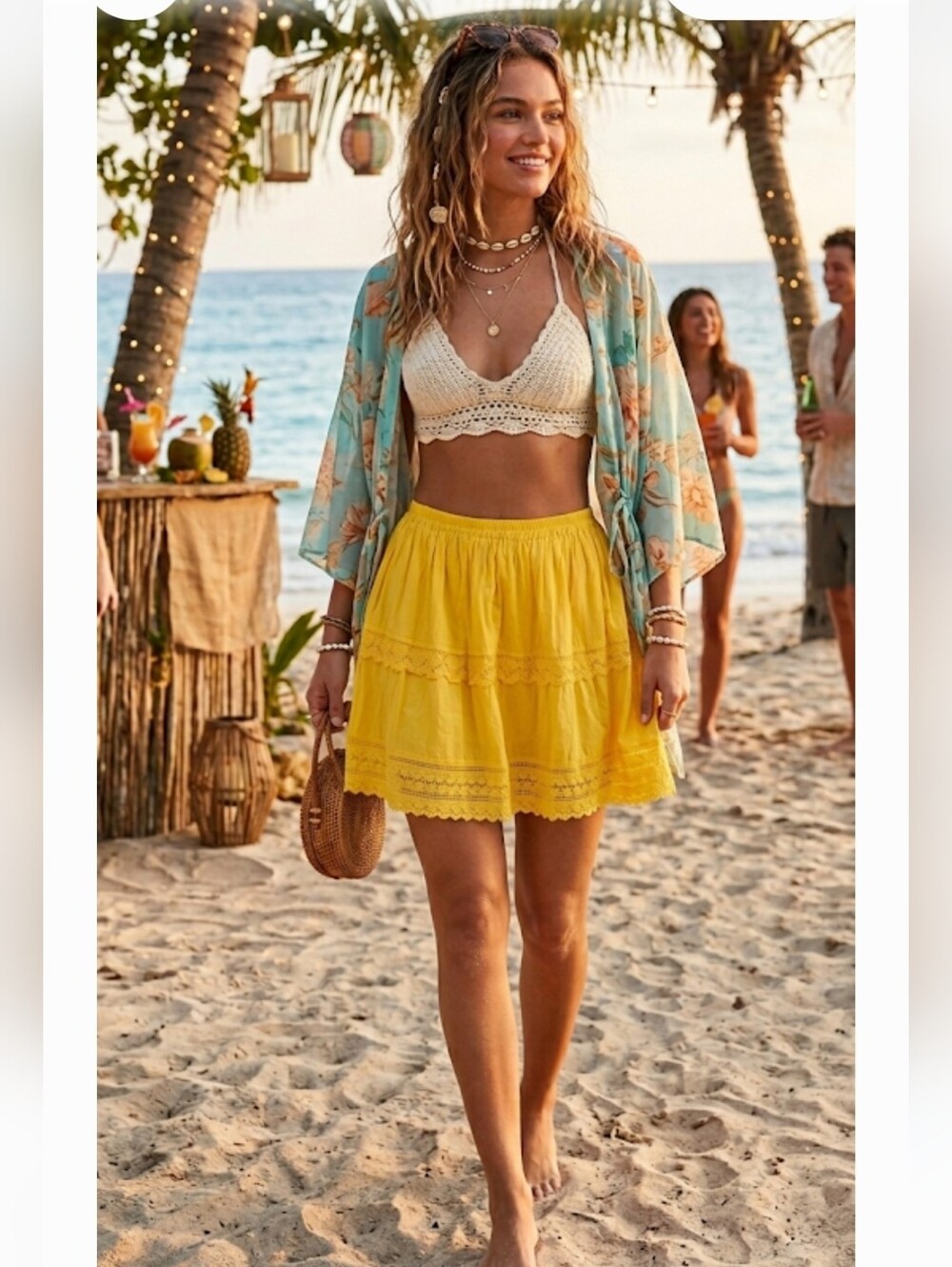 Anthropologie Mini Skirt Womens XS Orange Good Crochet Tiered Boho Cotton